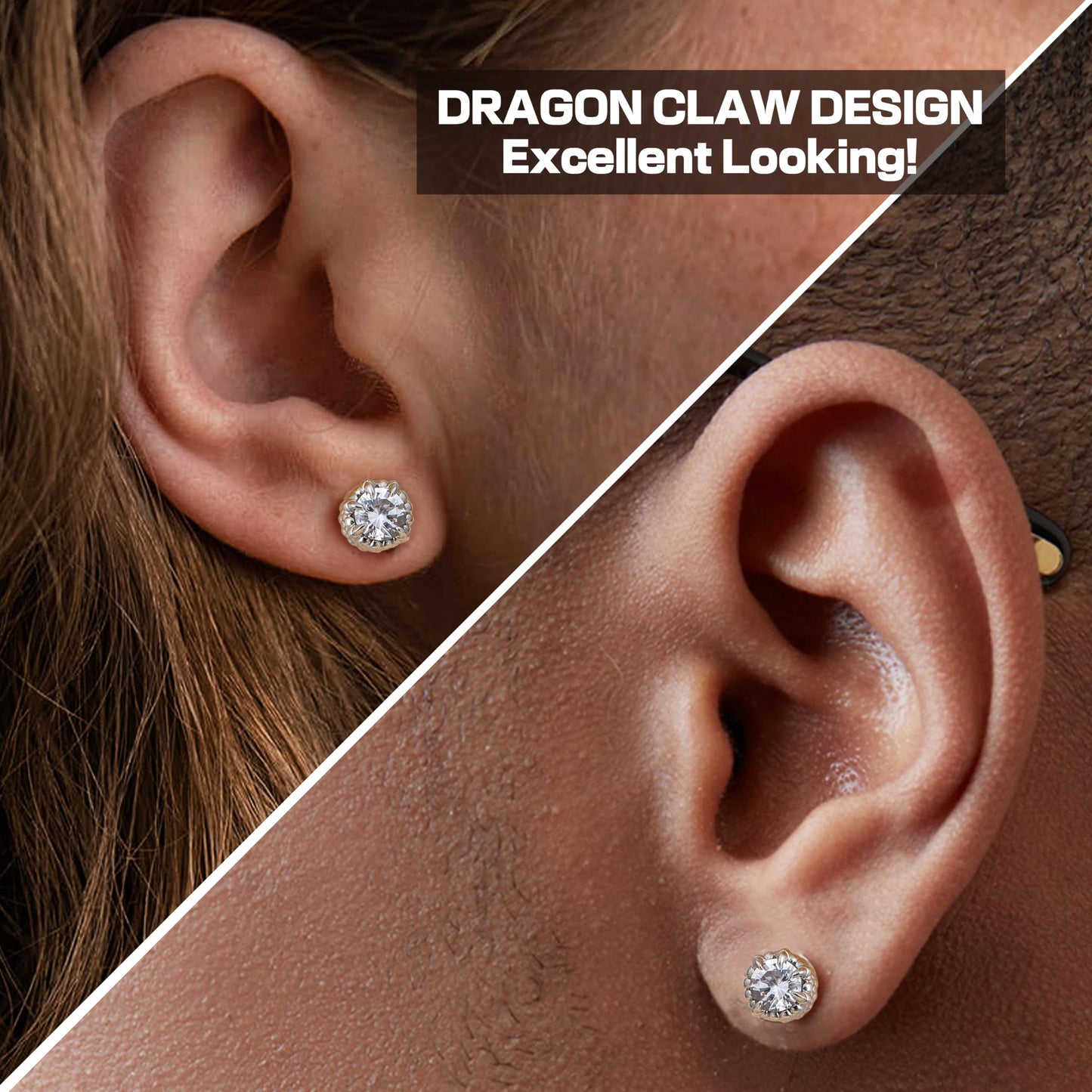 GEMQUEEN Magnetic Earrings for Men Women - 5A Shiny CZ Dragon Claw Punk Hypoallergenic Stainless Steel Non Piercing Clip on Fake Earrings Studs Silver 6.5MM Not Easy to Fall