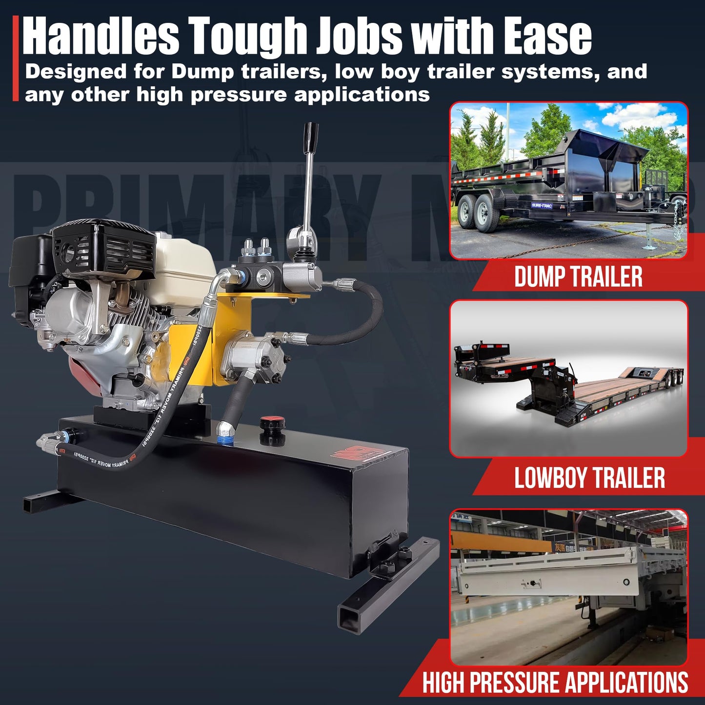 Primary Mover Gas-Powered Hydraulic Power Unit – Honda GX200, 5-Gallon Reservoir (15 Qt Usable), Double Acting, Single Valve, Pull Start – 3200 PSI Max (Pull Start, 5 Gallon Double Acting)