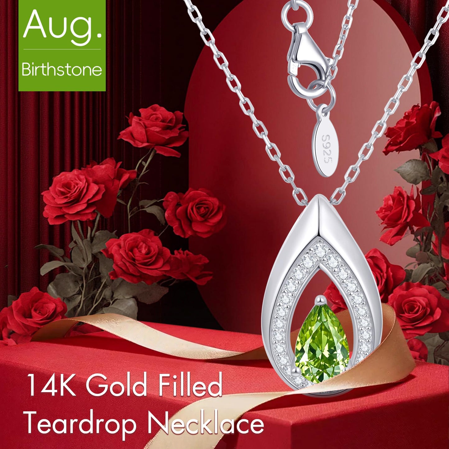 Kstyle 925 Sterling Silver Peridot August Birthstone Pendant Necklace Teardrop Jewelry Valentine's Day Anniversary Birthday Gift for Wife Girlfriend Daughter Sister Non Tarnish