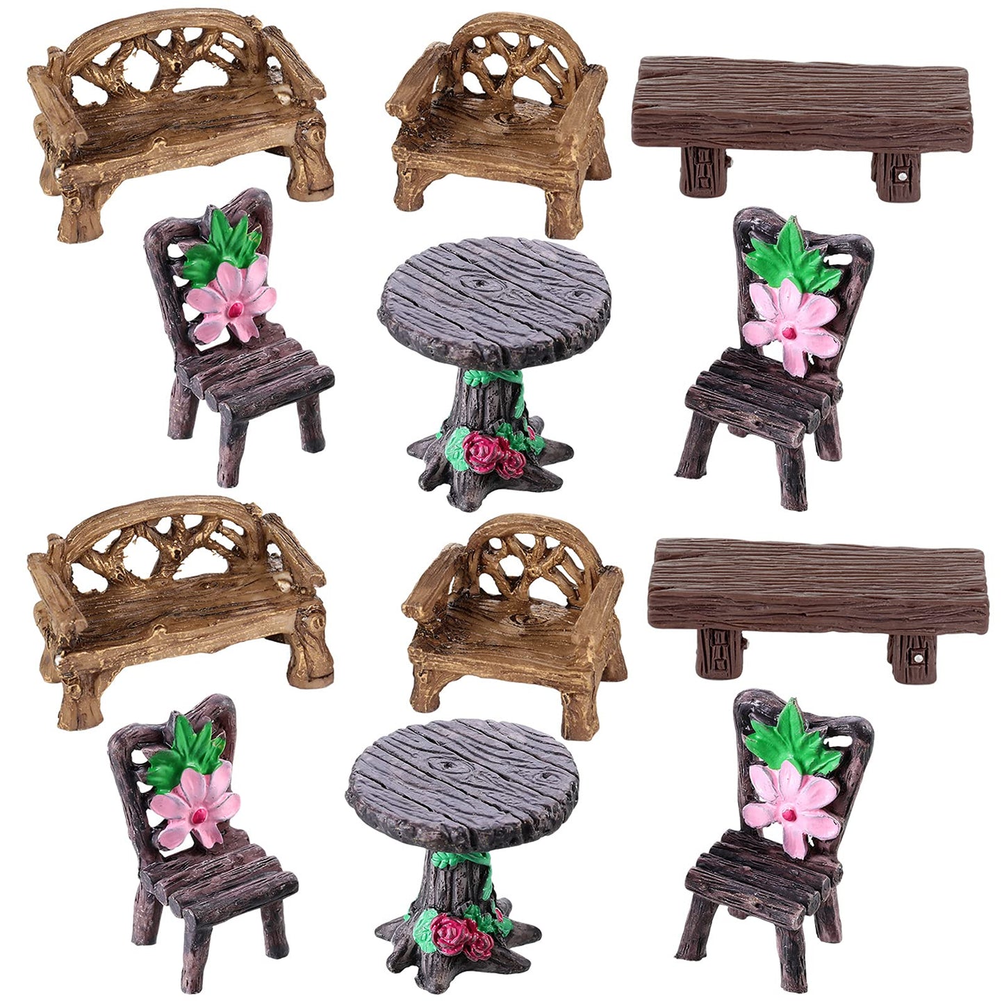 Skylety 12 Pieces Garden Furniture Ornaments Miniature Table and Chairs Set Village Micro Resin Bench Chair for Dollhouse Accessories Home Micro Landscape (Cute Style)