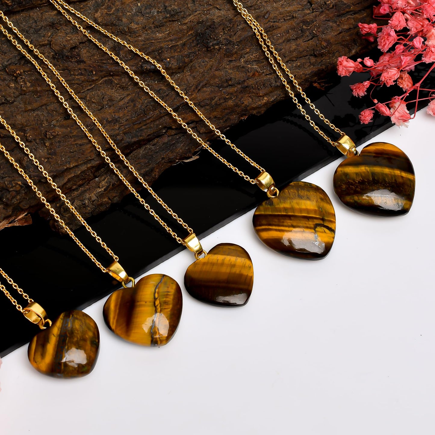 Yashee Tiger Eye Gemstone Heart Shape Pendant Necklace, Natural Cabochon, Women Jewelry, Energy Healing Crystals, Calm Chakra, Birthstone, Gift for Women, Gold Plated Jewelry 18 inch, AA+ Quality