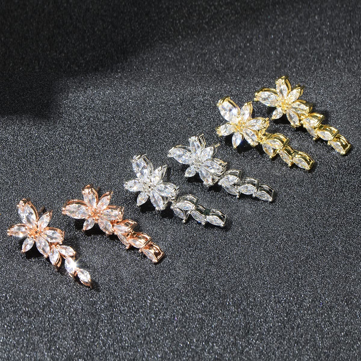 Women's Cubic Zirconia Bridal Earrings - Silver Marquise CZ Cluster Floral Leaf Crystal Rhinestone Dangle Drop Earring for Bride Bridesmaids Mother of Bride Party Prom