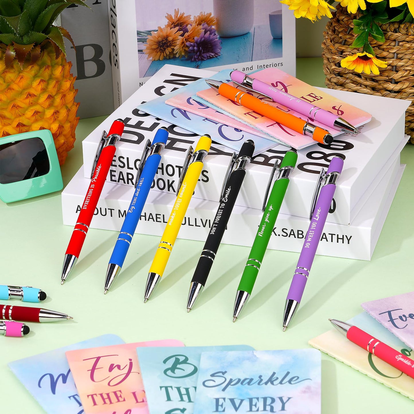 96 Pcs Watercolor Bulk Motivational Pens Inspirational Notepads Set, Pocket Motivational Quote Notebooks Ballpoint Pens, Mini Journals Gift Set for Kids Students Teachers School Office Prizes Supplies