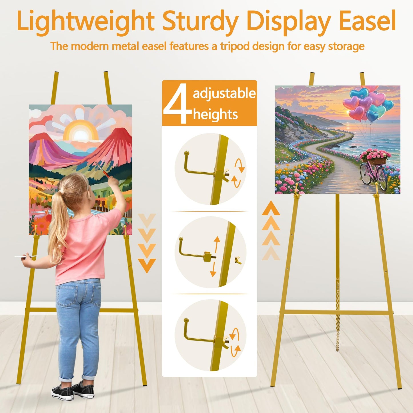 GALAGLAM Easel Stand for Signs, 57" Gold Easel Adjustable 4 Tier Floor with Chain Support, Metal Easels for Painting, Display Stand for Wedding Baby Showers Birthday Parties