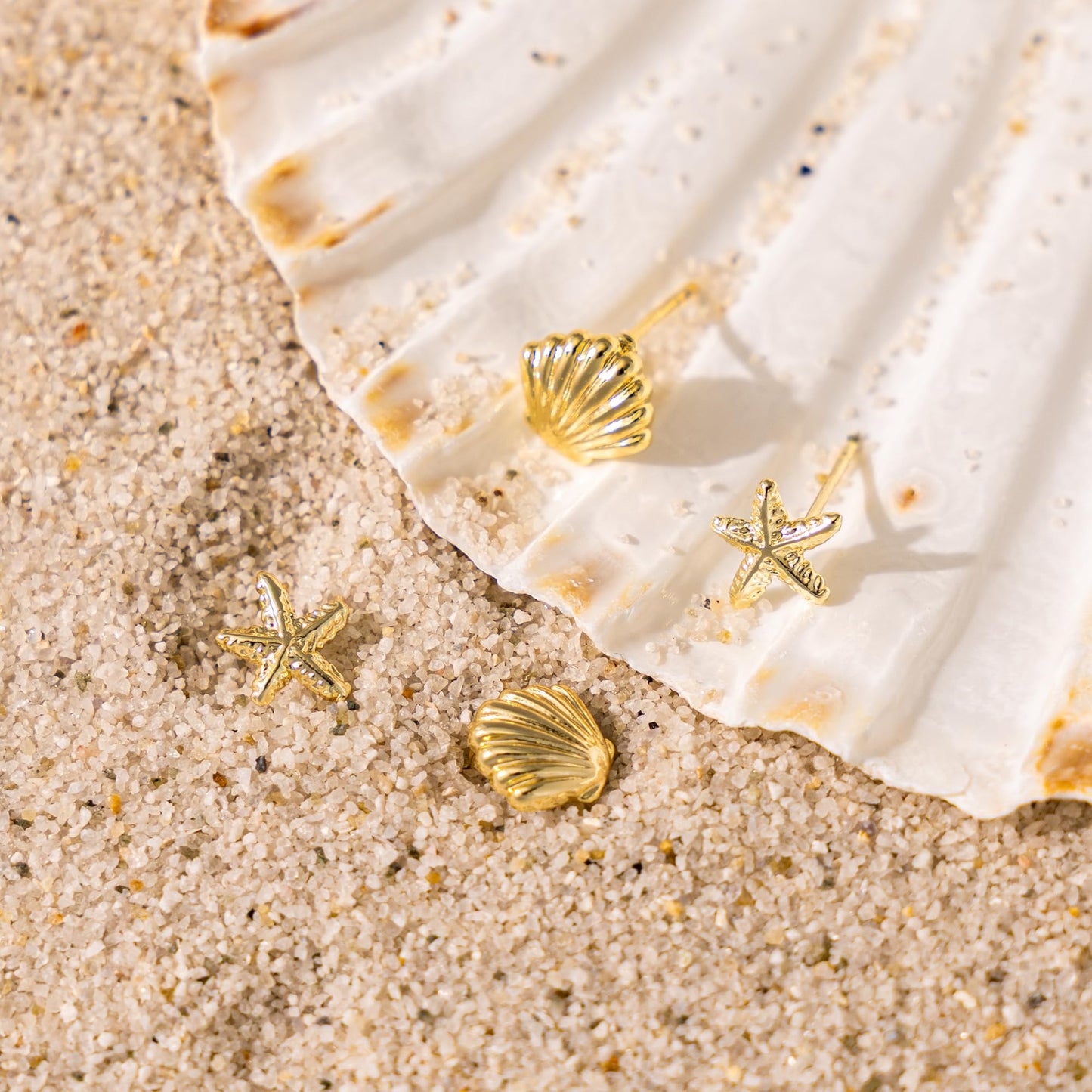 Plenky Gold Earrings for Women - 2 Pairs 14K Gold Plated Small Starfish and Shell Stud Earrings Set Beachy Jewelry for Women Gifts