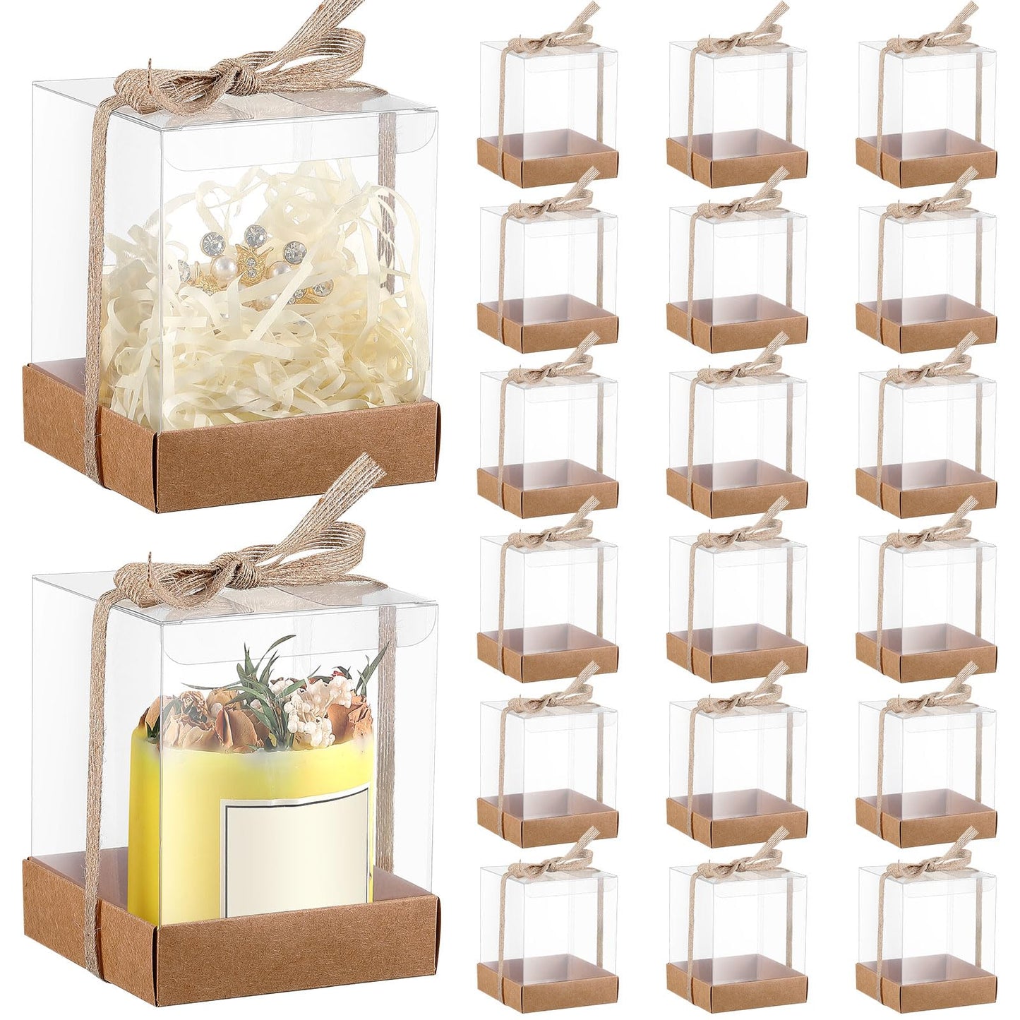 Cunno 24 Sets 3.5 x 3.5 x 4.3 in Candle Gift Package Valentine's Transparent Box 4-18 oz Handmade Tealight Candle Holder Paper Bottom Ribbon for Wedding Baby Shower Party Mug (Brown)