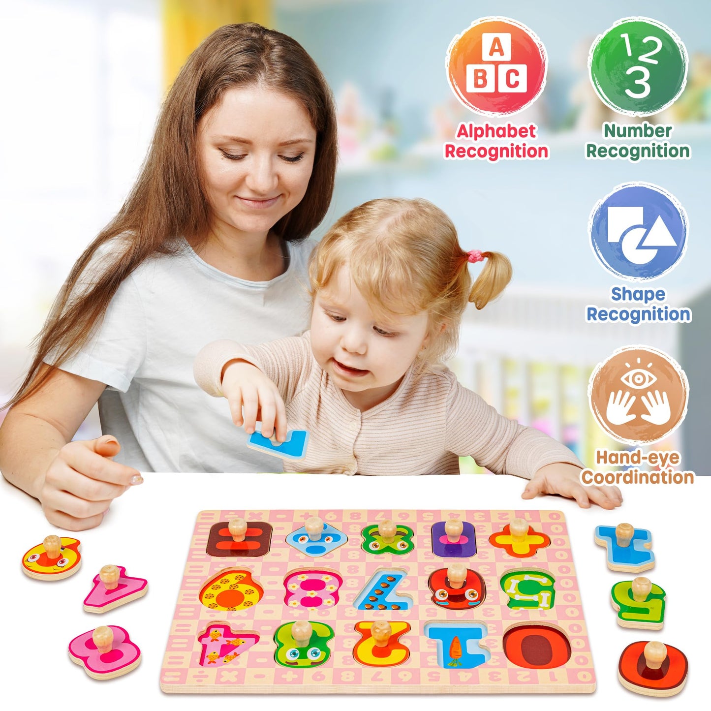 SYNARRY Wooden Puzzles for Toddlers 1-3, 6XSET Toddlers Puzzles Ages 1-3 with Rack, Learning Alphabet Number Shape Unicorn Princess Mermaid Animal, Gifts Toys for Girls Ages 2-4