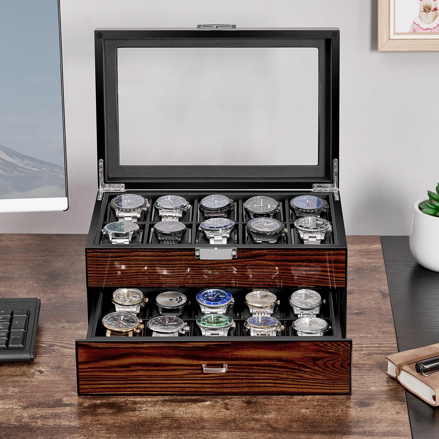 BEWISHOME High-End Watch Box, 20-Slot Watch Case with Large Glass Lid, Wooden Watch Cases for Men, Watch Storage, Watch Organizer, Synthetic Leather Interior, Brown SSH04Y