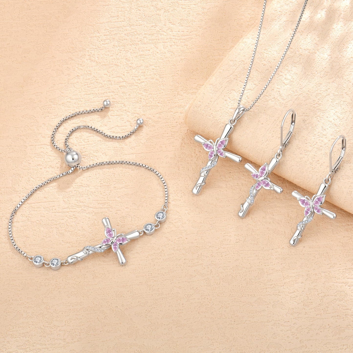 Blaniy Cross Necklace for Women 925 Sterling Silver Butterfly Necklace Pink Tourmaline Pendant Necklaces October Birthstone Jewelry Gifts for Women