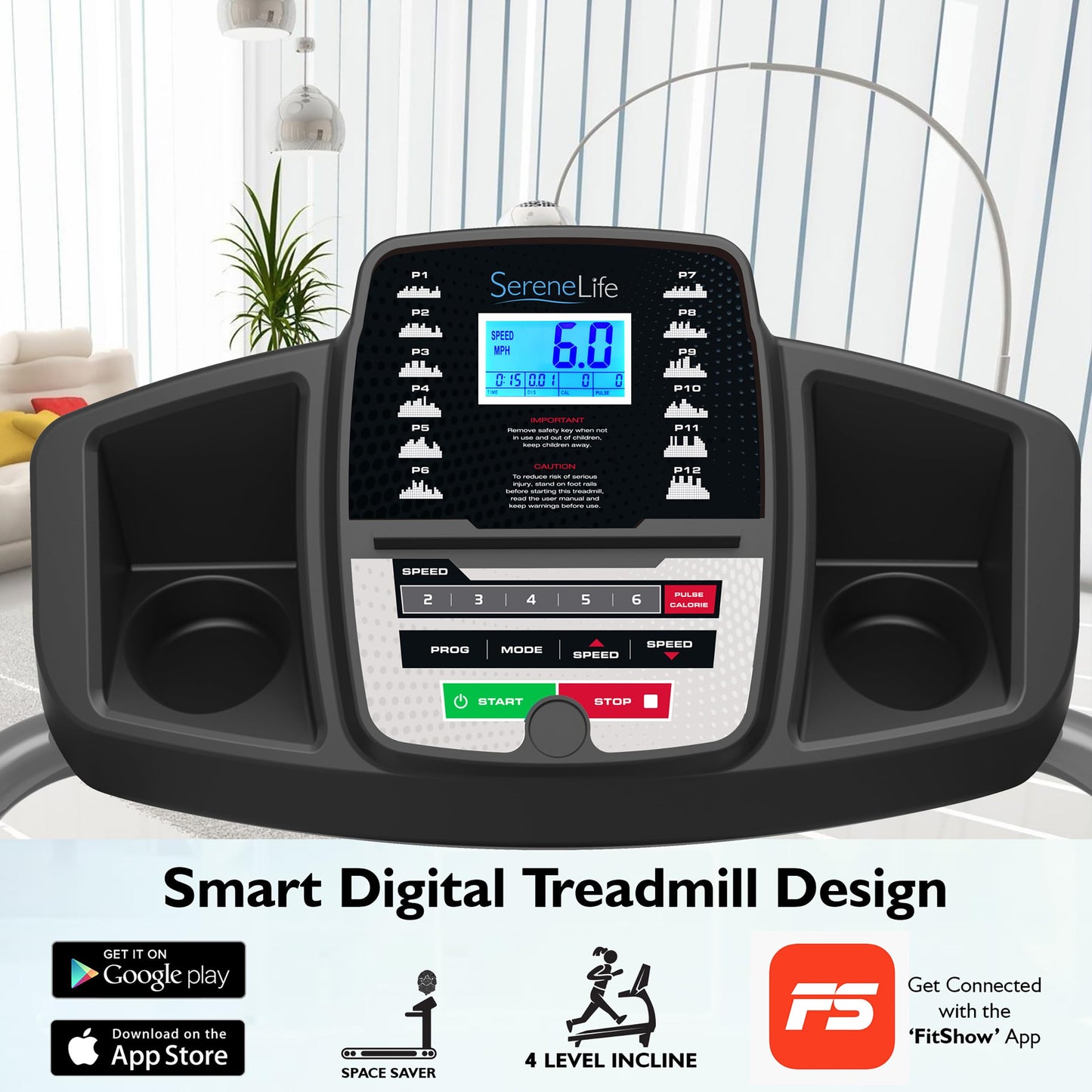 SereneLife Electric Folding Treadmill Exercise Machine - Smart Compact Digital Fitness Treadmill Workout Trainer w/Bluetooth App Sync, Manual Incline Adjustment, for Walking, Running, Gym - SereneLife