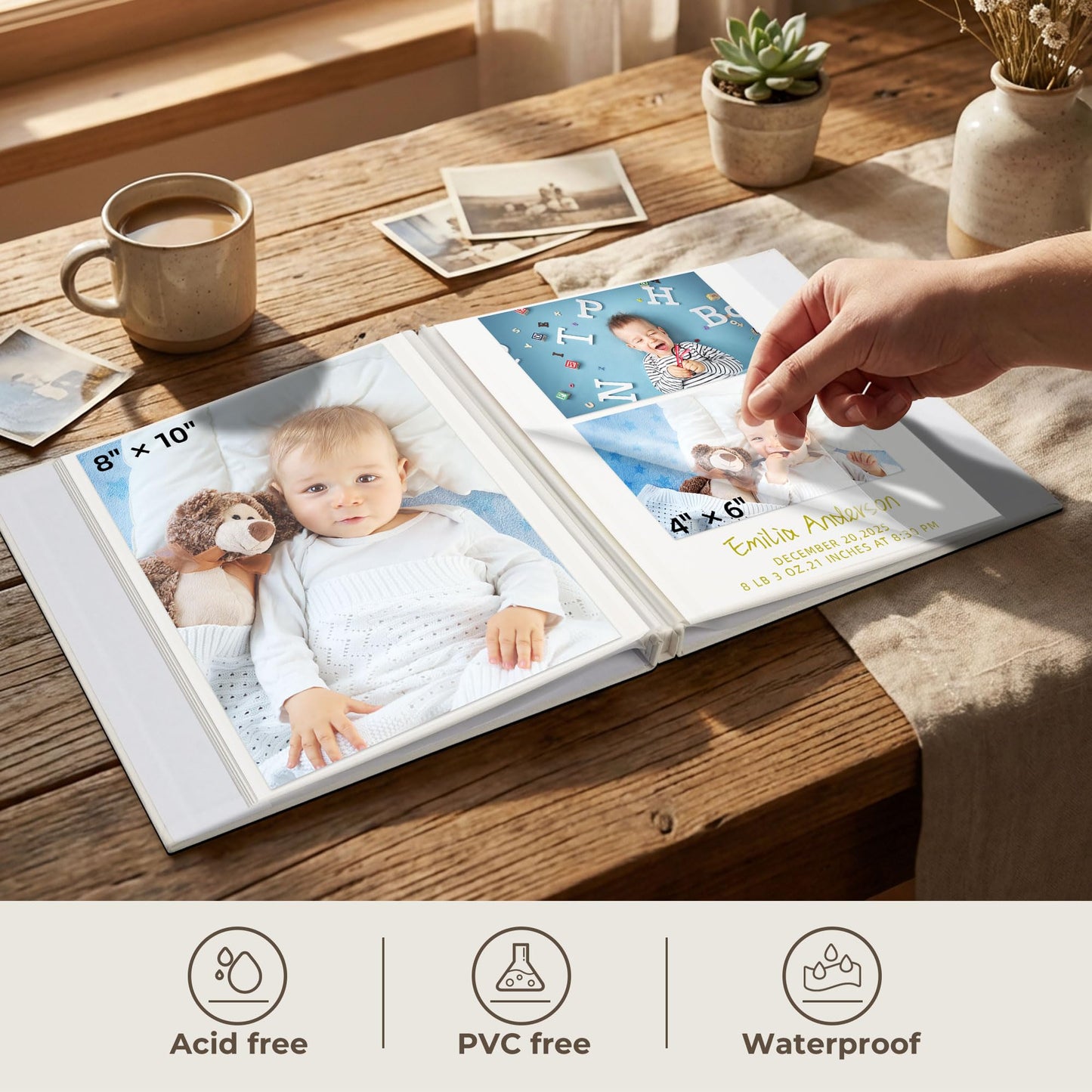 Vienrose 40 Pages Self Adhesive Photo Album with Fabric Cover and Crystal Stickers for Graduation, Acid-Free Pages, 11"x10.7" Scrapbook Album for 4x6 Photos, Beige