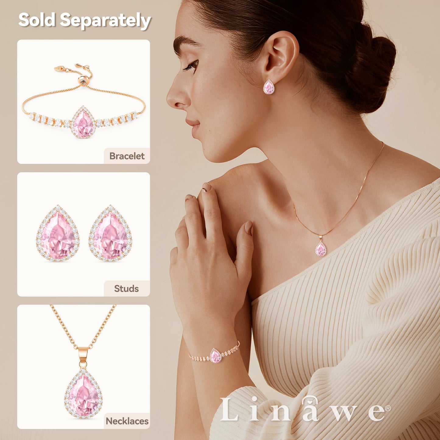 Linawe Pink Earrings Studs for Women, Imitation Diamond Morganite Teardrop Cartilage Earring Set, Stud Earrings Rose Gold Iridescent Rhinestone Crystal Hypoallergenic Jewelry
