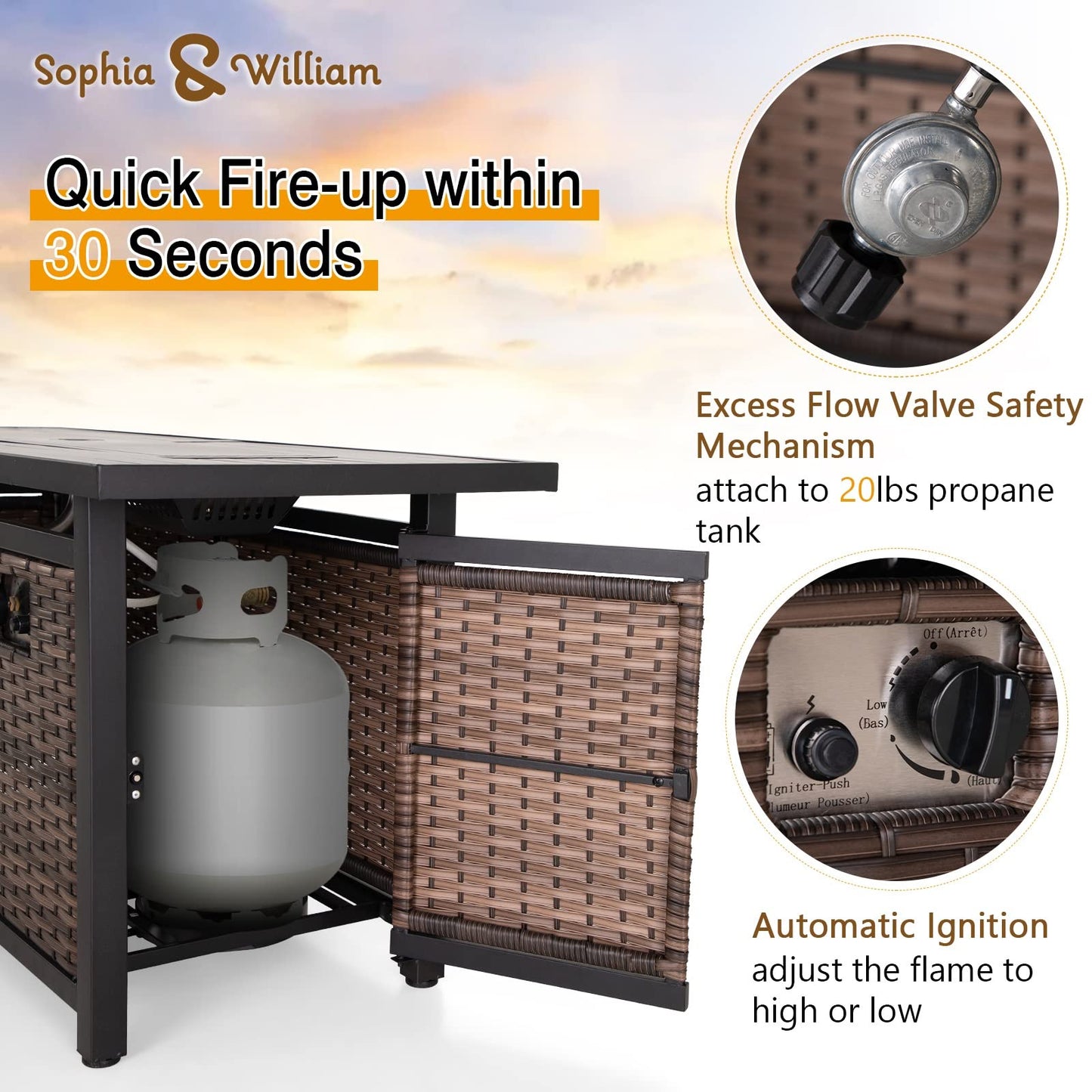 Sophia & William 56 Inch Gas Fire Pit Table Outdoor Rattan Propane Fire Table & Fireplace with Fire Glass, Lid, 50,000 BTU Firepits for Outside Patio