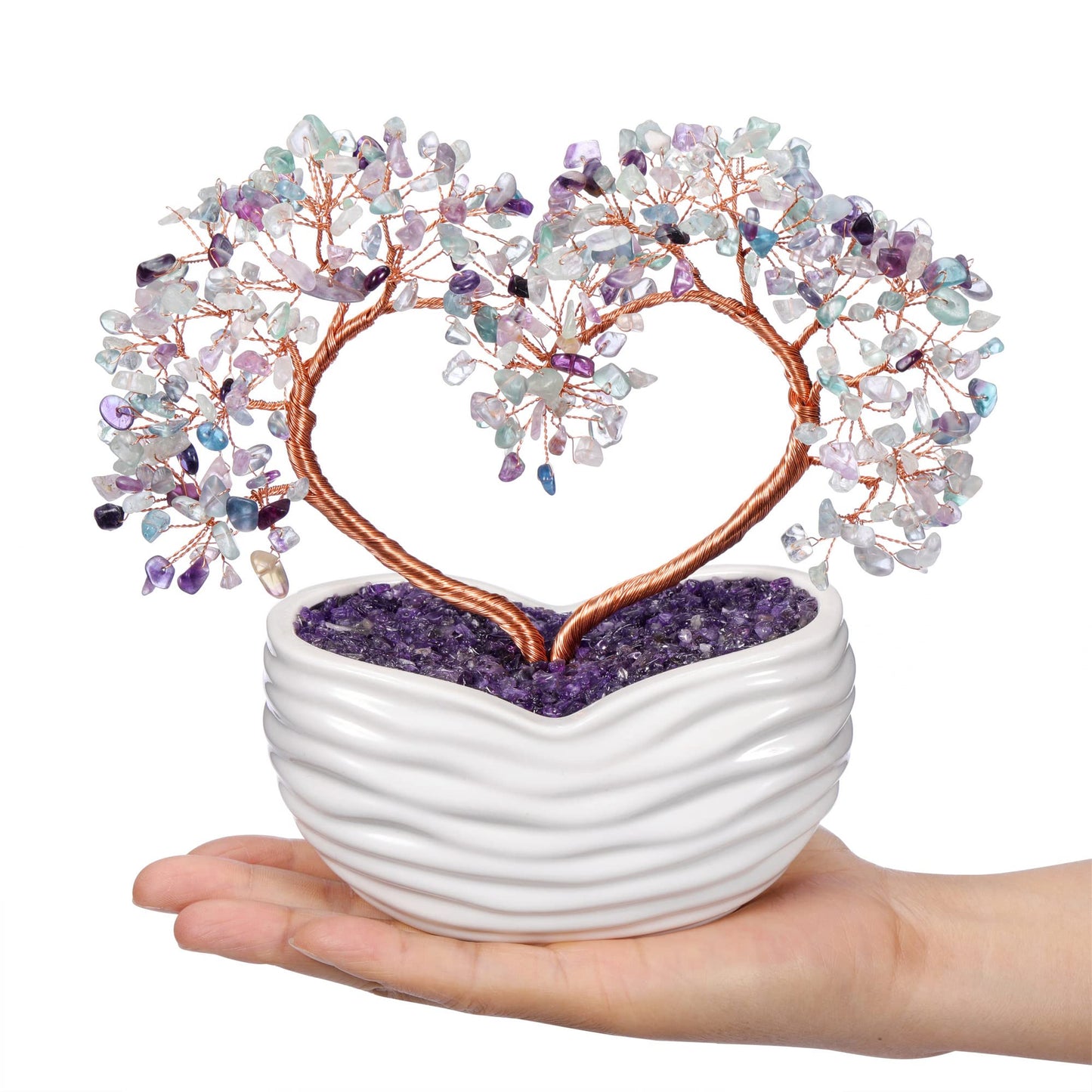 GEHECRST Fluorite Crystal Tree Handmade Healing Crystal Gemstone Heart Stone Bonsai Tree Energy Feng Shui Ornament Crystal Gifts for Mom Mothers Day Women Home Office Desk Decor Christmas