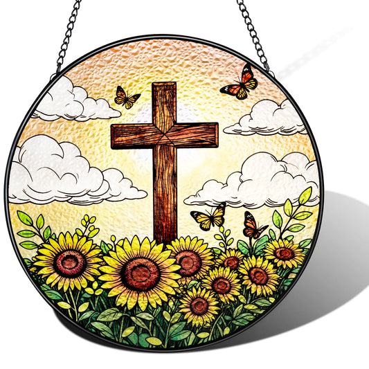 8 Inch Stained Glass Cross Suncatcher with Sunflower & Butterfly Christian Gifts for Women Religious Window Hanging Decor Unique Catholic Easter Birthday Gifts for Mom Grandma (Brown, Medium)