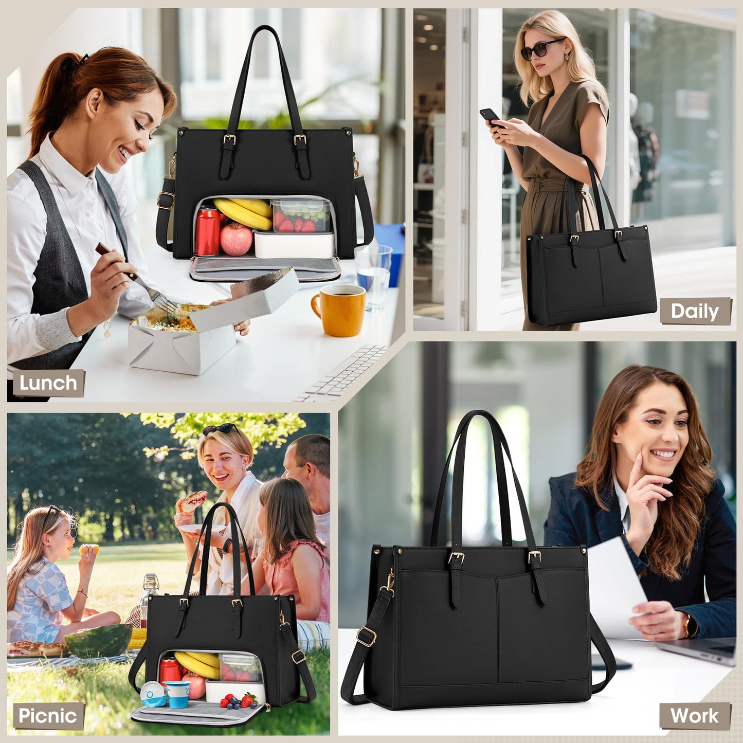RAINSMORE Lunch Tote Bag for Women 15.6 Inch Laptop Bags with Insulated Lunch Compartment Large Leather Quilted Computer Tote for Teacher Nurse Work Collage Casual Black