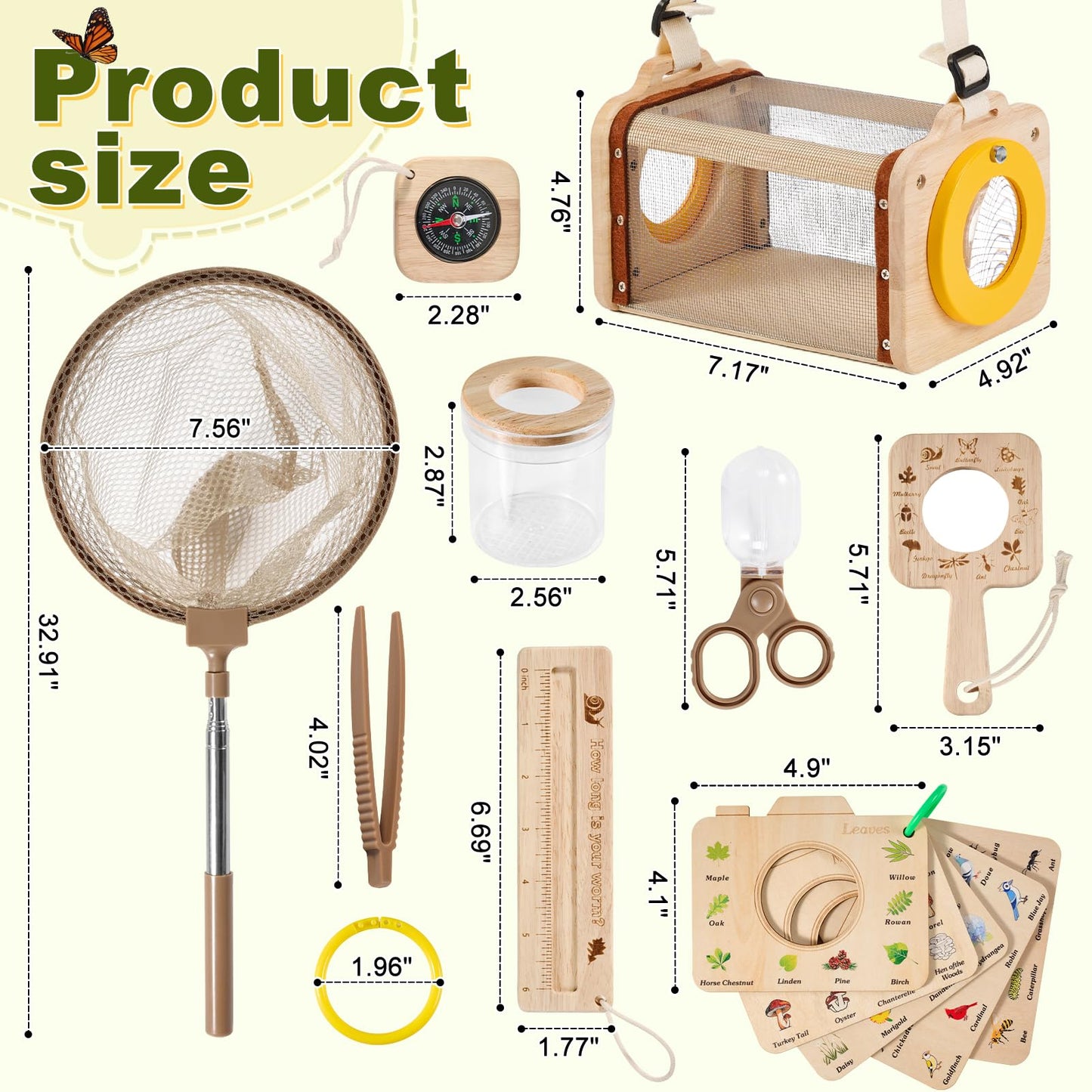 Wooden Bug Catcher Kit for Kids,10PCS Kids Bug Catching Kit with Bug Collector,Butterfly Net,Magnifying Glass,Toddler Bug Habitat Outdoor Explorer Kit Bug Collection,Nature Gift for Boys&Girls