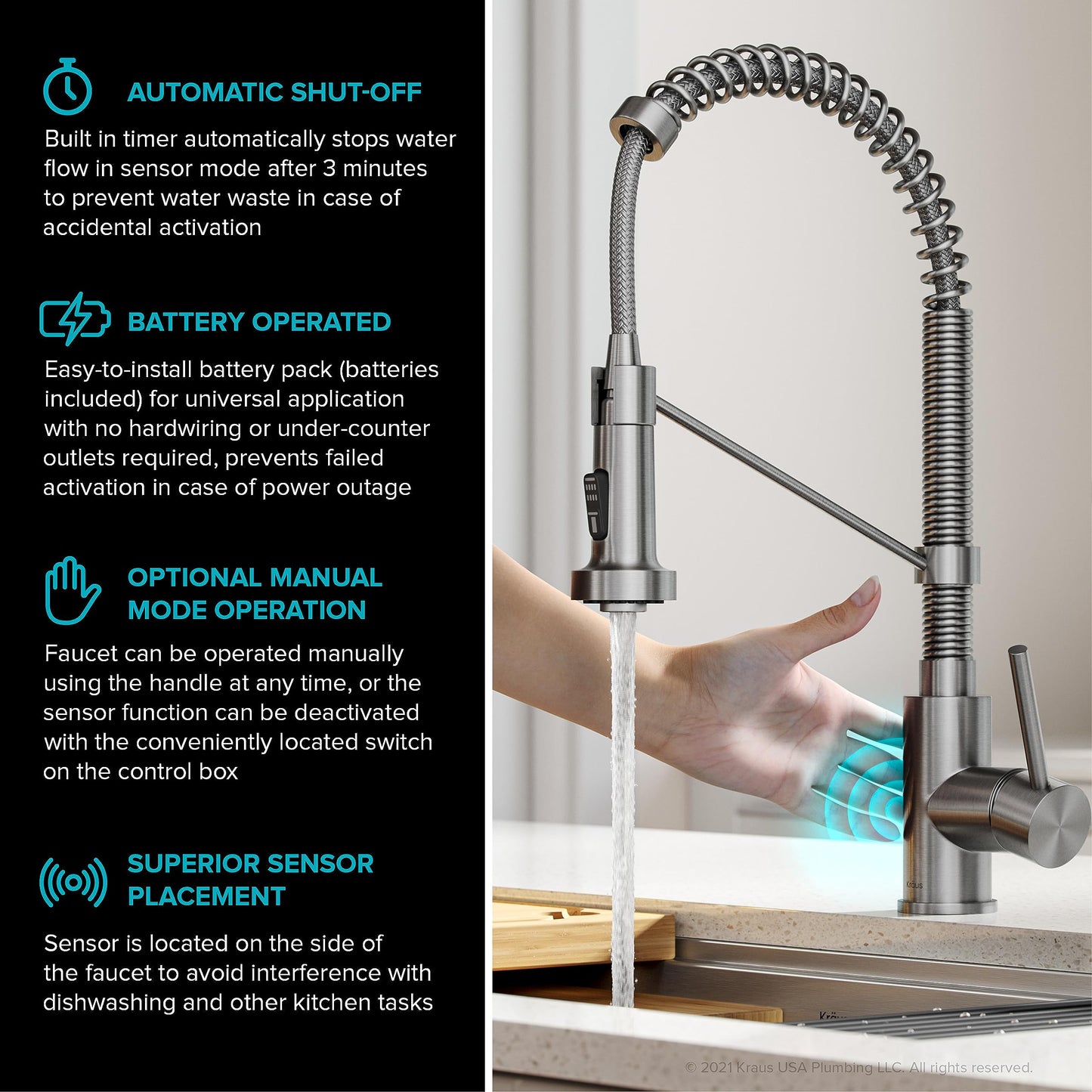 KRAUS Bolden Touchless Sensor Commercial Style 2-Function Single Handle Pull Down Kitchen Faucet in Spot-Free Stainless Steel, KSF-1610SFS