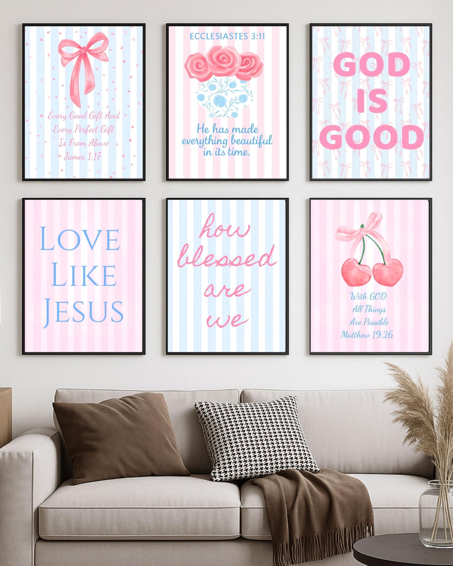 Coquette Pink & Blue Bow Wall Art Decor Posters - Blue & Pink Bow Christian Room Bedroom Bathroom Dorm Wall Art - Christian Inspirational Bible Verses - For College Teen Girls & Boys Gifts- Set Of 6 Pieces 8 x 10 Inch (UNFRAMED)