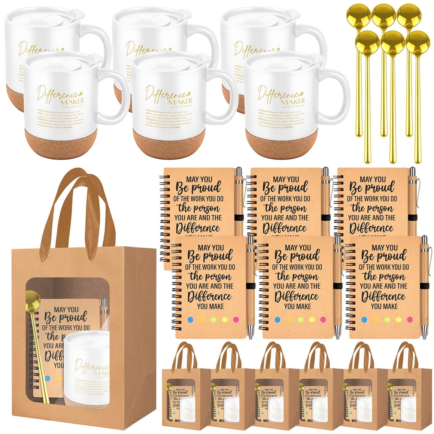 Noxglory 6 Set Employee Appreciation Gifts Inspirational Coffee Mug Spoon Motivational Spiral Notebooks Pens with Gift Bags Thank You Gifts for Men Women Team Coworker Staff Teacher