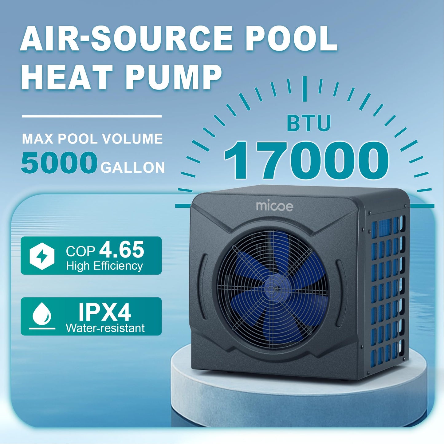 MICOE 17000 BTU Pool Heater for Above Ground, Swimming Pool Heat Pump Heating or Cooling, Titanium Heat Exchanger，Ultra Quiet 50dB, 120V with Easy Install Kit