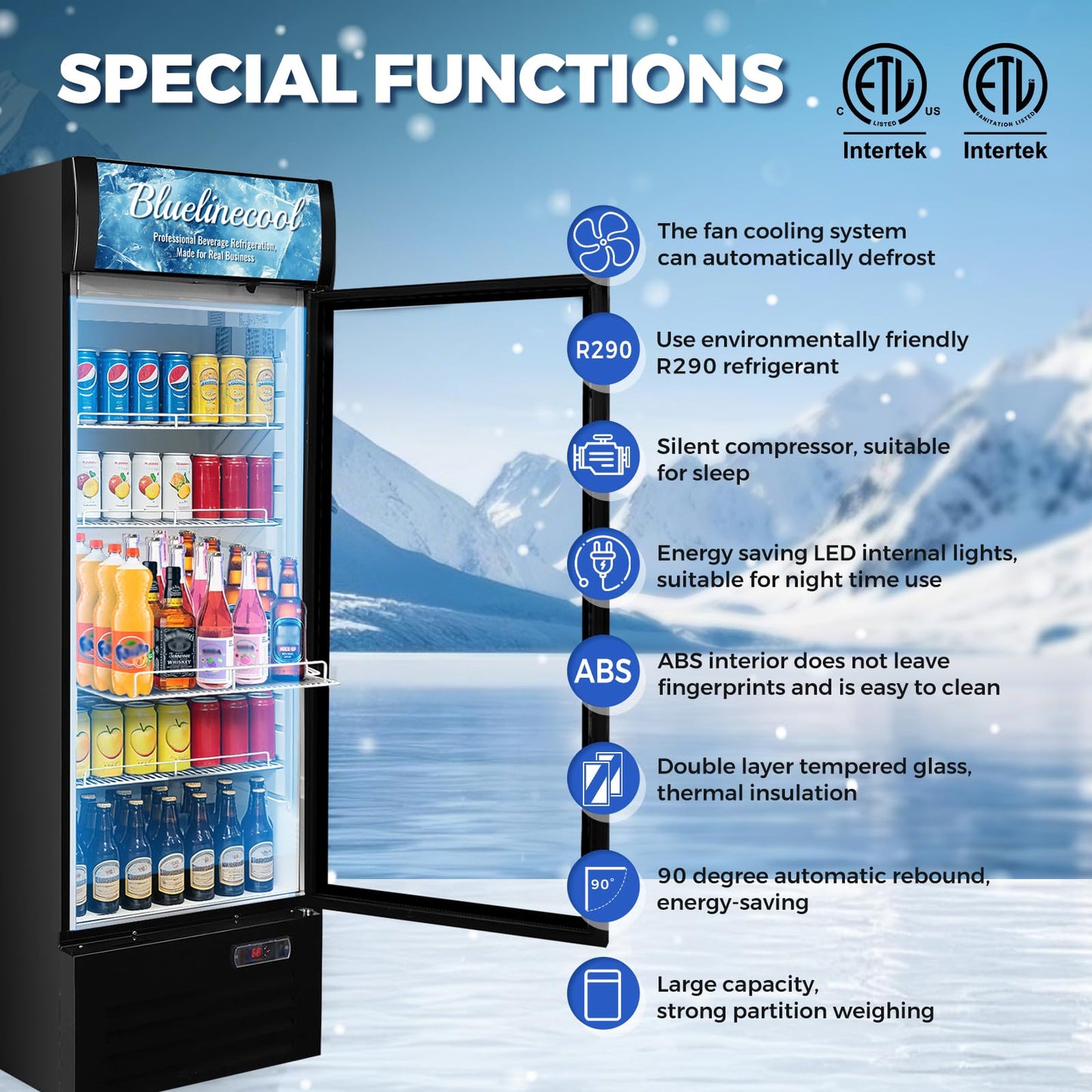 Bluelinecool Commercial Refrigerator Beverage Cooler, 12.5 Cu.Ft Display Refrigerator with Glass Door, Drink Fridge with Led Light, 4 Adjustable Shelves, Merchandiser Refrigerator for Beer, Bar, Shop