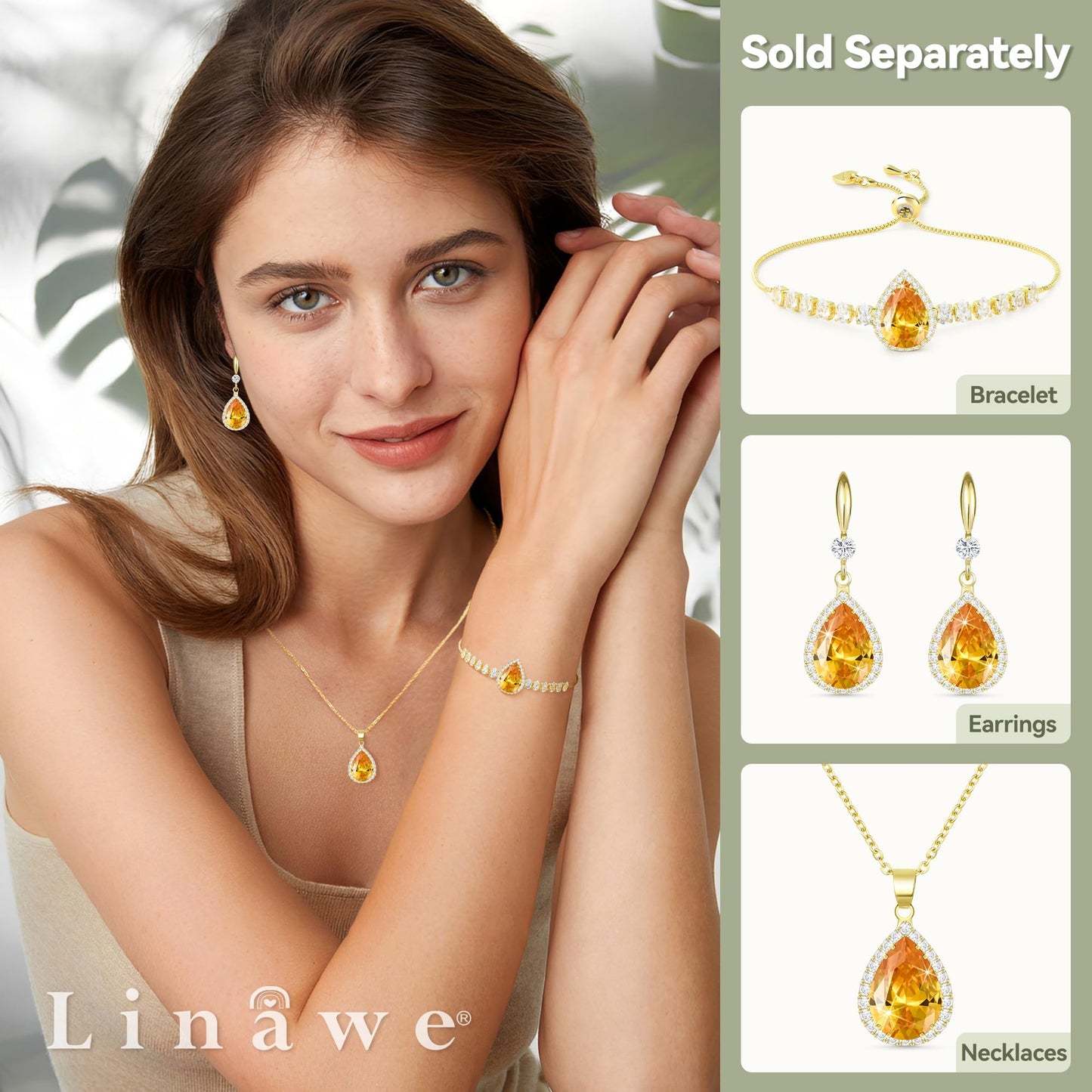 Linawe Citrine Yellow Crystal 14K Gold Chain Necklace for Women, Imitation Diamond Pendant Preppy Necklace, Cubic Zirconia Rhinestone Teardrop Boho Vintage Jewelry Set