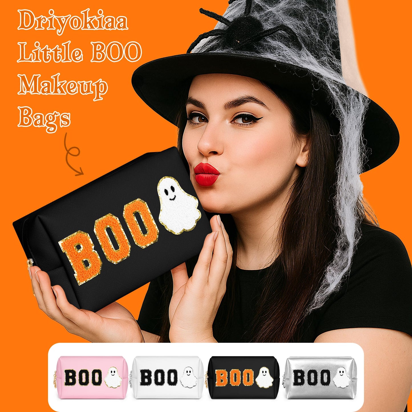 Dripkiaa Halloween Makeup Bag Chenille Patch Travel Cosmetic Bag Organizer Large Capacity Toiletry Bag Make Up Bags Cosmetic Pouch, Boo Basket Gifts for Women, Girls - Black