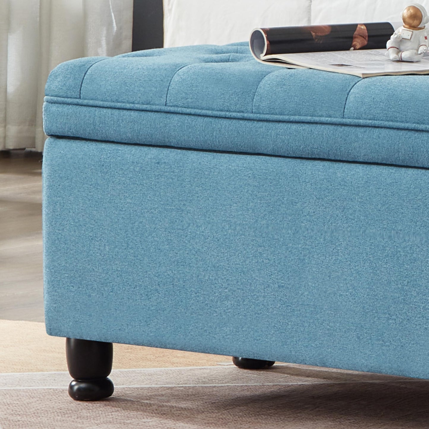 ACQCA Upholstered Ottoman with Storage,Entryway Bench with Tufted Buttons and Spindle Wooden Legs for Living Room,Bedroom,Light Blue