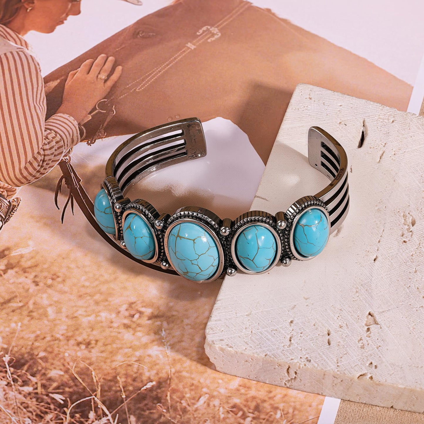 Montana West Rustic Couture's Jewelry Western Turquoise Cuff Bangle Bracelet Bohemian Vintage Elastic for Women Cowgirl RCW-WH02TQ
