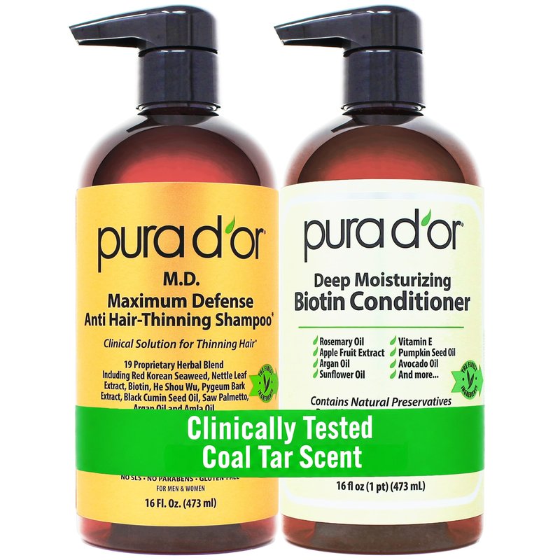 PURA D'OR MD Anti-Thinning Biotin Shampoo & Hair Regrowth Conditioner Set, Maximum Defense Herbal Blend Hair Thickening Products For Women & Men, For Scalp Health, Strong Coal-Tar Scented, 16oz x2