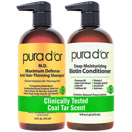 PURA D'OR MD Anti-Thinning Biotin Shampoo & Hair Regrowth Conditioner Set, Maximum Defense Herbal Blend Hair Thickening Products For Women & Men, For Scalp Health, Strong Coal-Tar Scented, 16oz x2