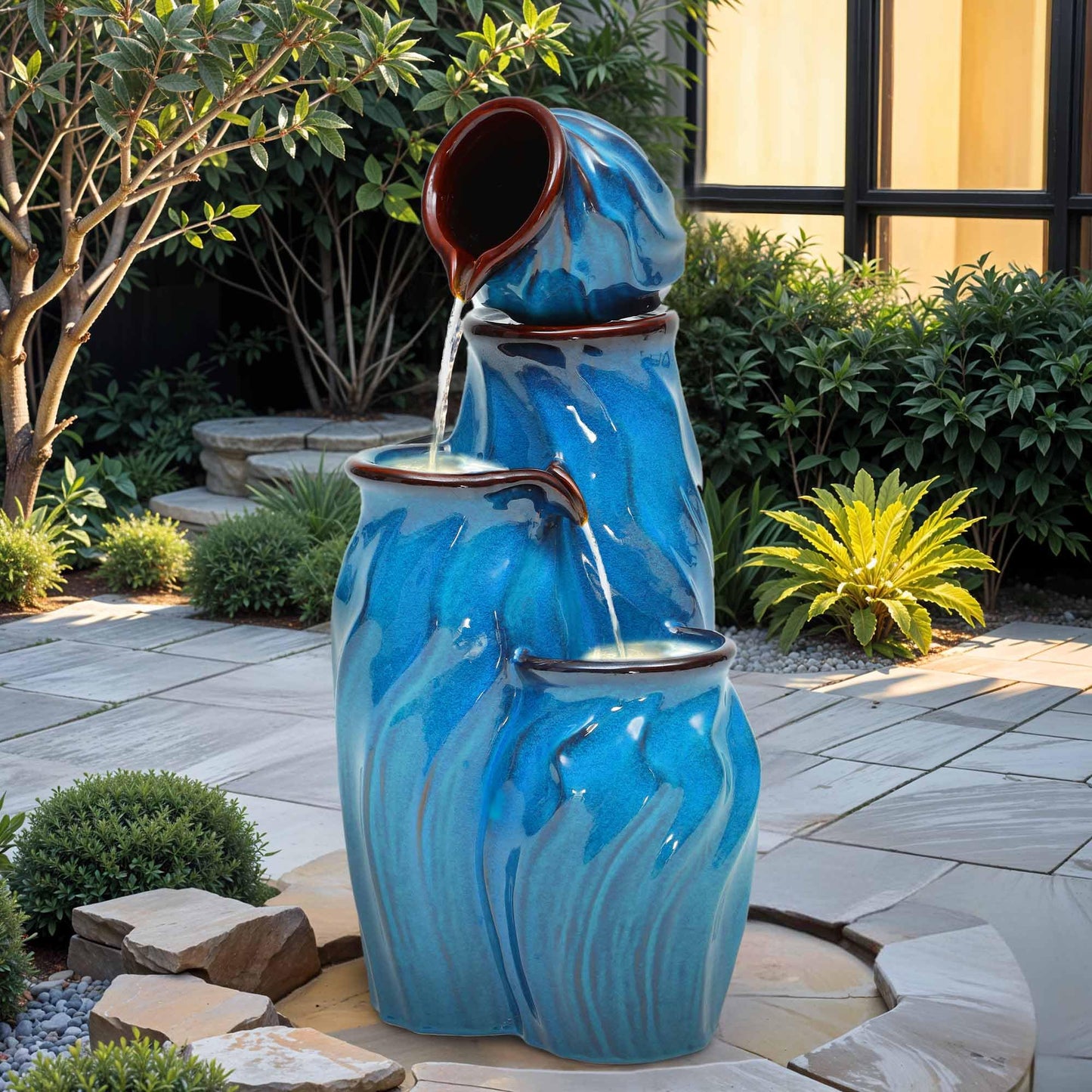 Ultym 29" Ceramic Outdoor Fountain with Lights, 4-Tier Pots Waterfalls Patio Water Fountain, Tranquil Oasis for Relaxing Garden, Yard, or Porch Decor, Turquoise, Dynamic Wave-Texture