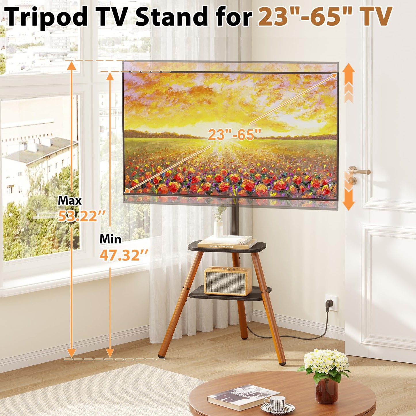Tripod Easel TV Stand for 23-65 Inch TVs, Floor TV Stand with 2 Shelves and Cable Management for Bedroom/Living Room, Holds up to 80 lbs Adjustable Height Max VESA 400x400mm, Artistic Black Walnut