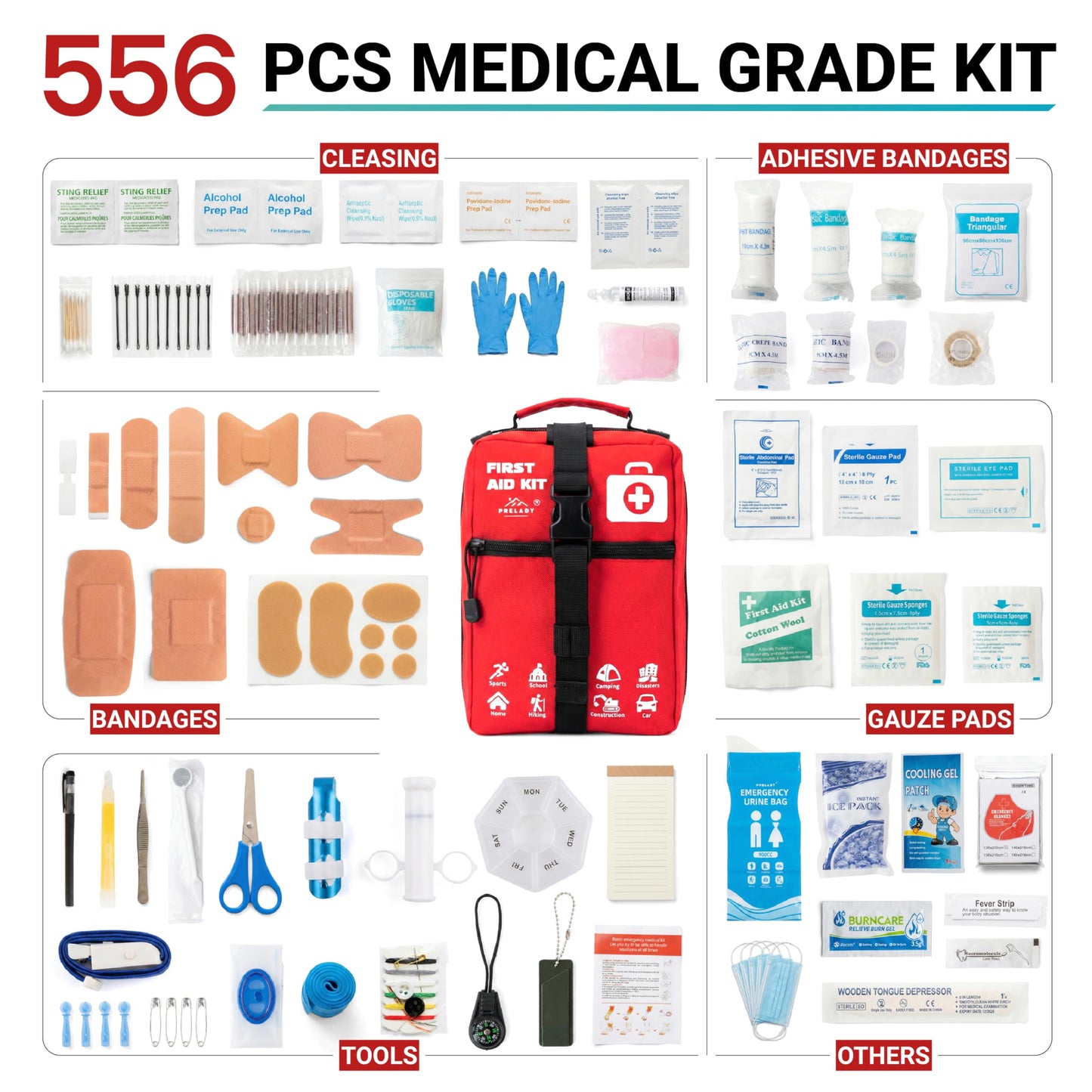 556 Piece Premium Large First Aid Kit, Survival Medical Bag with Labelled Compartments, Workplace Essential for Home & Sports, Molle Tactical Rip-Away Design, First Responders' Choice for Trauma