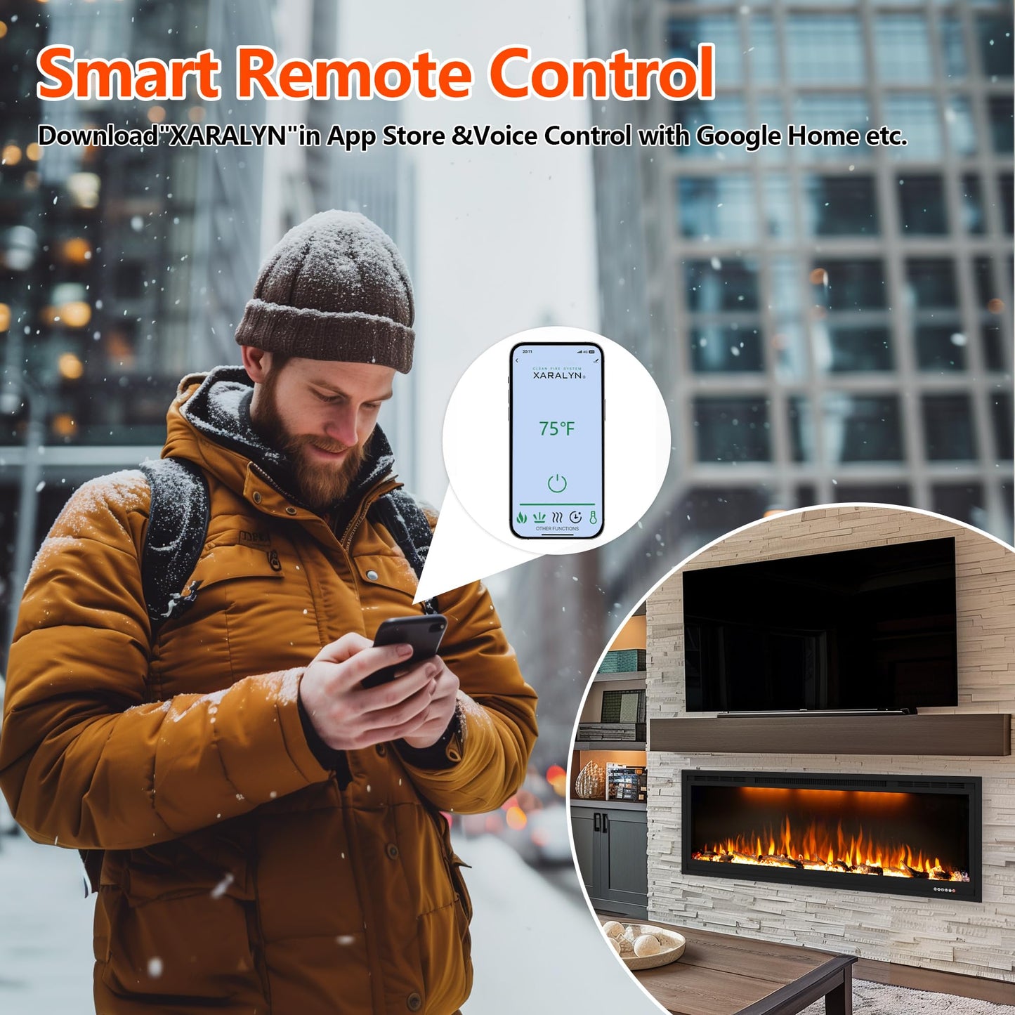 Dreamflame 74 inch Electric Fireplace, Smart Fireplace Insert recessed in Wall and Wall Mounted fire Place Heater with Metal Frame, Multicolor Flame & Realistic logs，Thermostat& Timer, 1500W, Black
