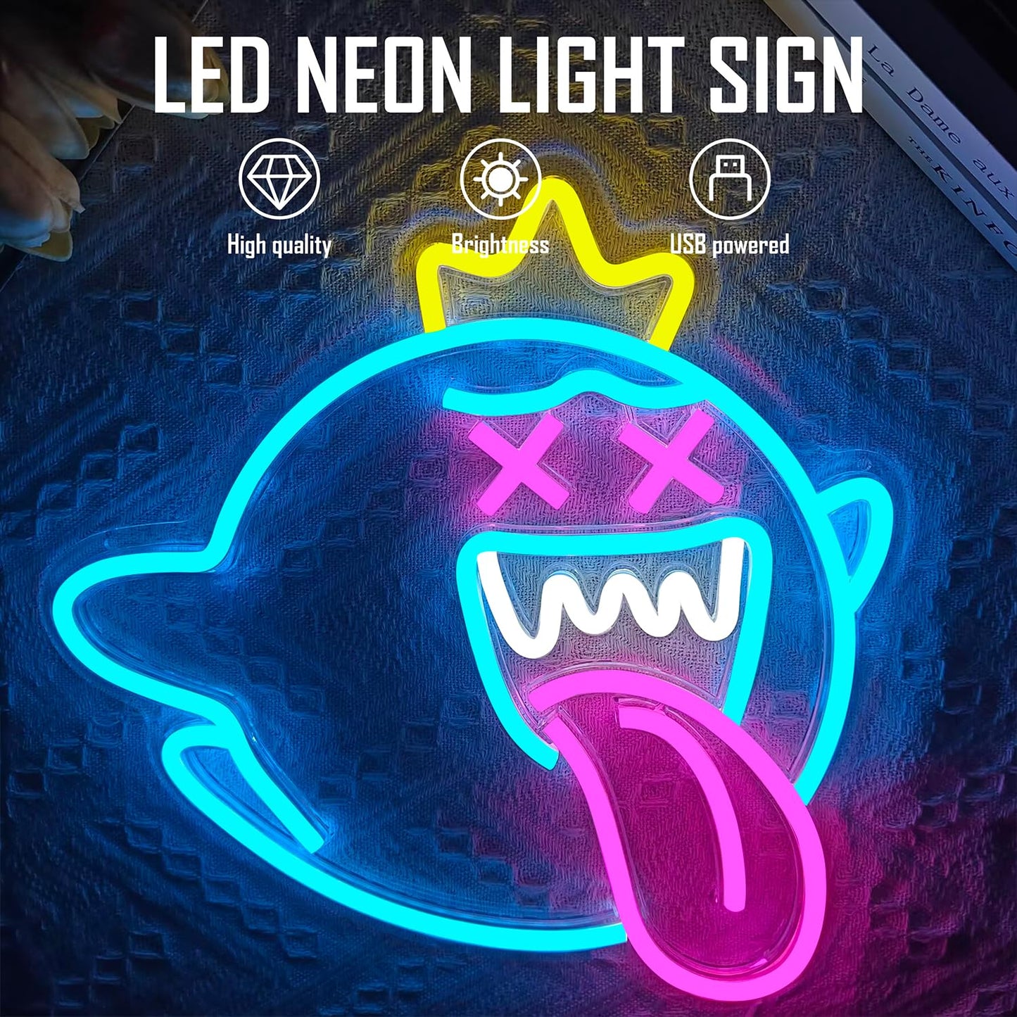 King Boo Neon Sign Dimmable Ghost Face Neon Light for Wall Decor Gamer Light Up Sign King Boo Neon Light for Bedroom Gaming Room Window Led Ice Blue Light Up Sign for Christmas Birthday Gifts Decoration