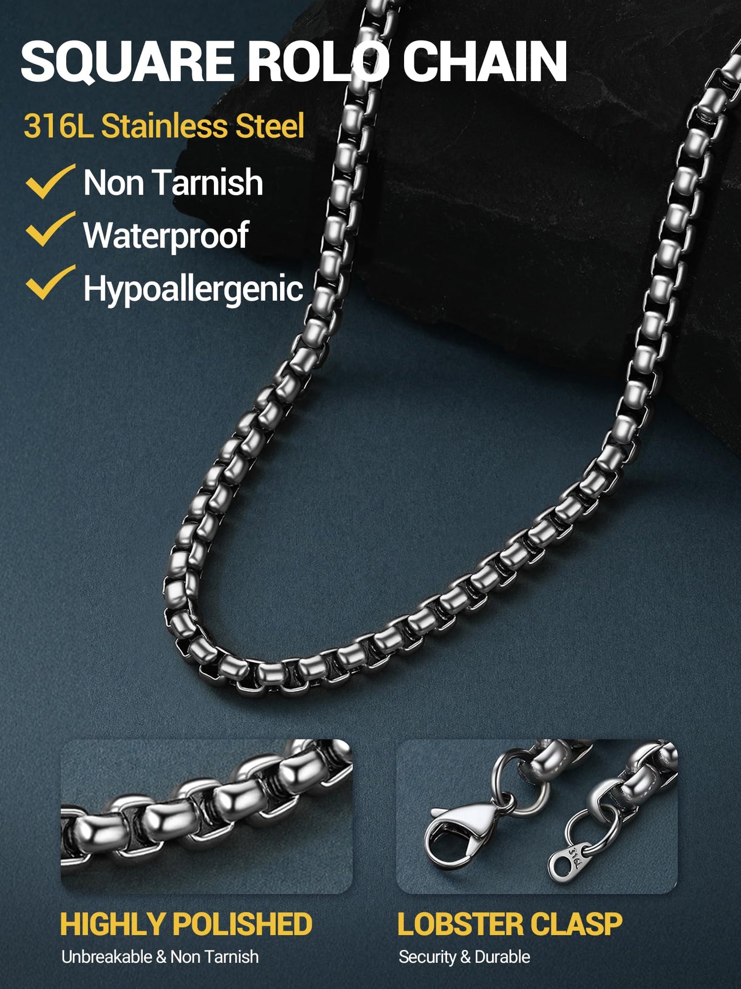 PROSTEEL Squre Rolo Link Chains, Stainless Steel Chain Necklace Waterproof & Strong Lobster Clasp 6mm Link Chains for Men and Women Jewelry with Gift Box 20in
