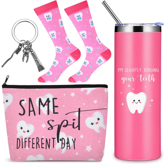 Maxcheck 4 Pcs Teeth Gifts Dental Hygienist Graduation Gifts Bulk 20 oz Stainless Steel Tumbler with Straw Lid Brush Canvas Bag Teeth Socks Dentist Keychain for Nurse Dental Hygienist(Pink)