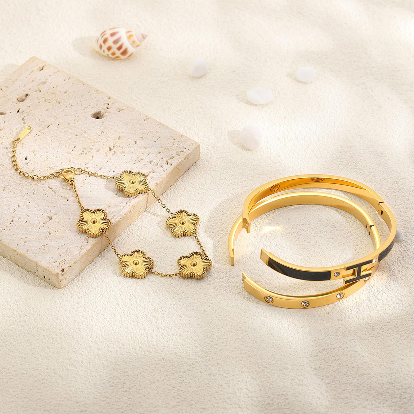 Camhanno Gold Clover Bracelets for Women - 18K Gold Plated Stainless Steel Dainty H Bangle Bracelets| Daily & Party Wear Jewelry, Easter Christmas Mothers Day Gifts