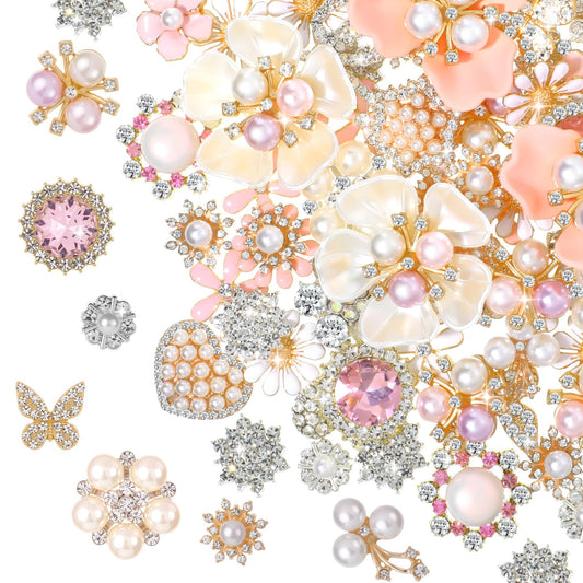 96 Pcs Rhinestone Buttons for Crafts Pink Faux Pearl Embellishments Buttons Butterfly Flower Brooch for Jewelry Making DIY Wedding Bags Supplies