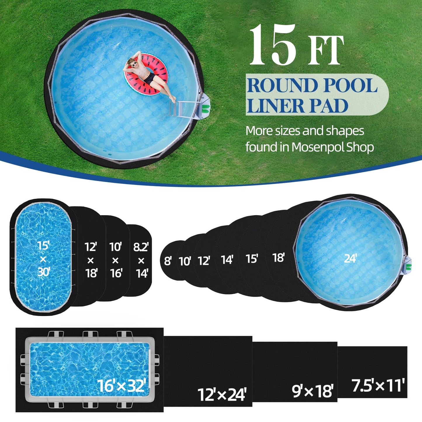 Mosenpol 15 FT Round Pool Liner Pad for Above Ground Pool, Durable Pre-Cut Under Pool Padding, Puncture Protection and Extend Liner Life