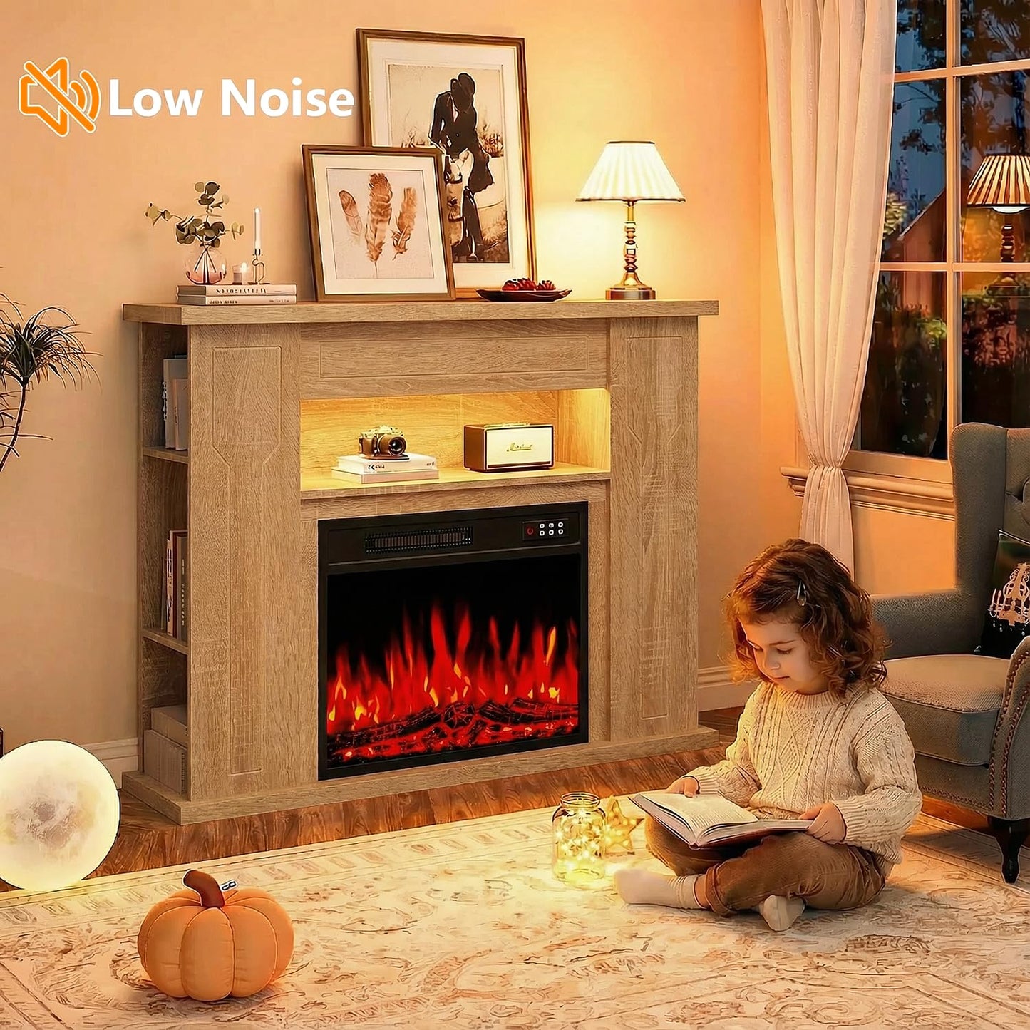43" Electric Fireplace with Mantel, Freestanding 23" Fireplace Insert Heater with 7 Adjustable Flame Colors, Wooden Entertainment Center with Storage Shelf and LED Light for Living Room, Light Oak