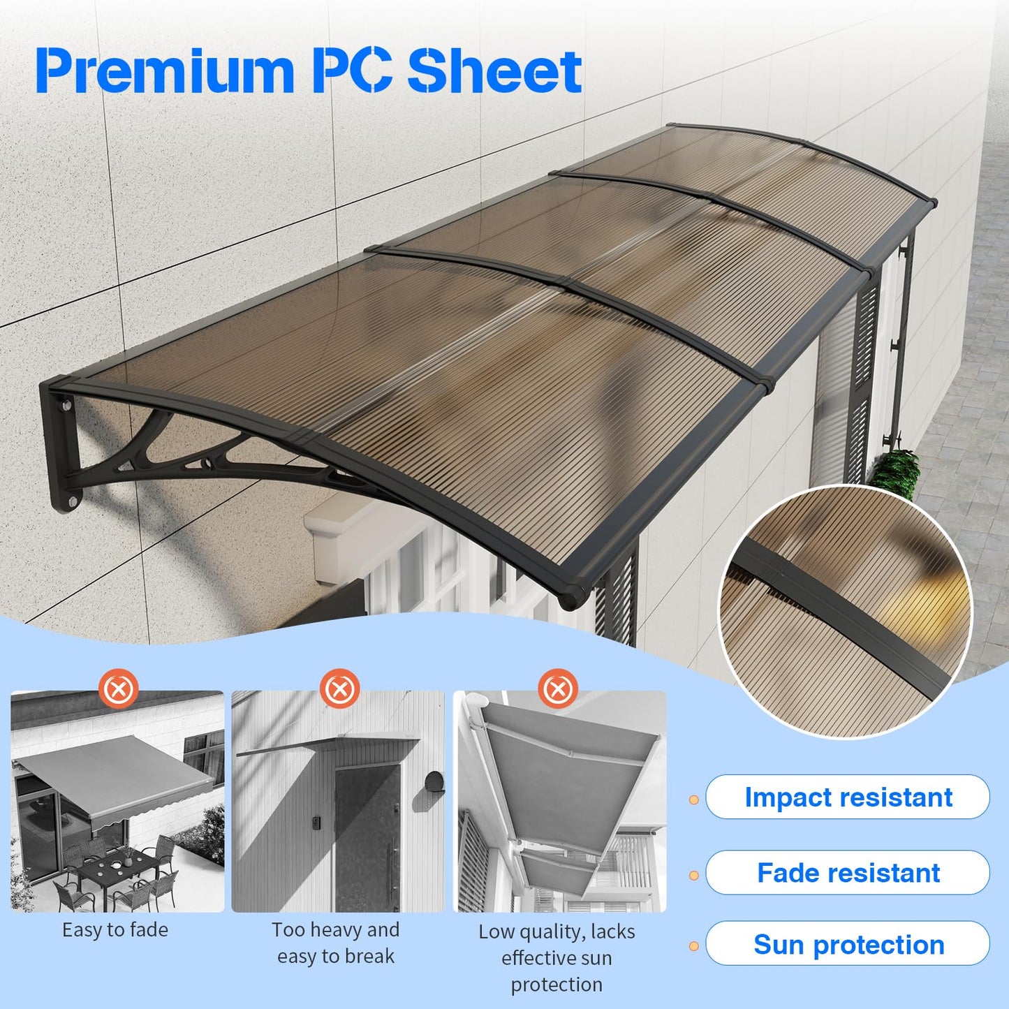 Awning for Door Entrance,40X120 Inches Awnings for Doors,Window Awning Canopy Exterior with Plastic Steel Bracket,Polycarbonate Cover,UV,Rain,Snow Protection for Porch,Patio,Deck