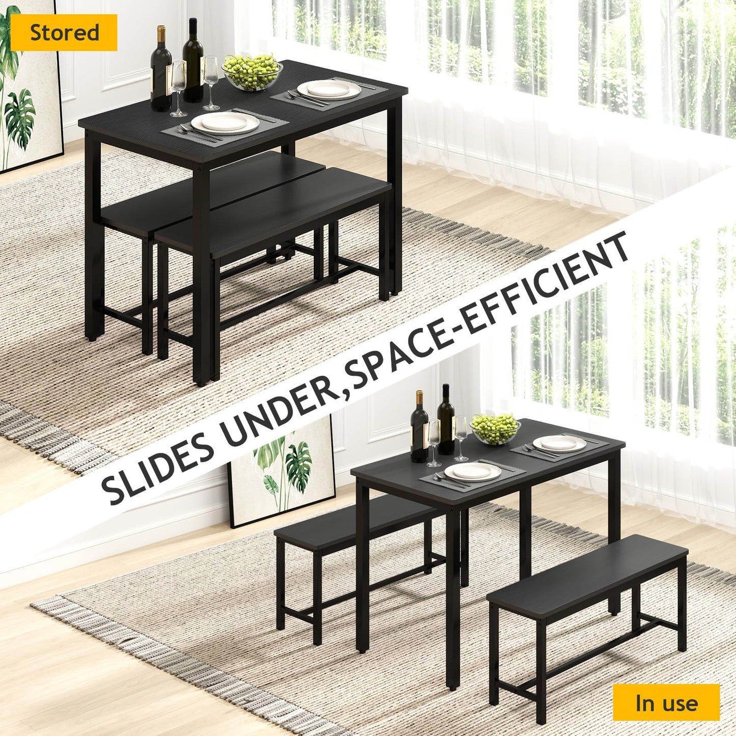 Rovibek 43" Dining Room Table Chairs Set for 4, Modern Space Saving Kitchen Table with 2 Benches & Adjustable Feet Breakfast Table, Wooden Industrial Style Farmhouse, Black