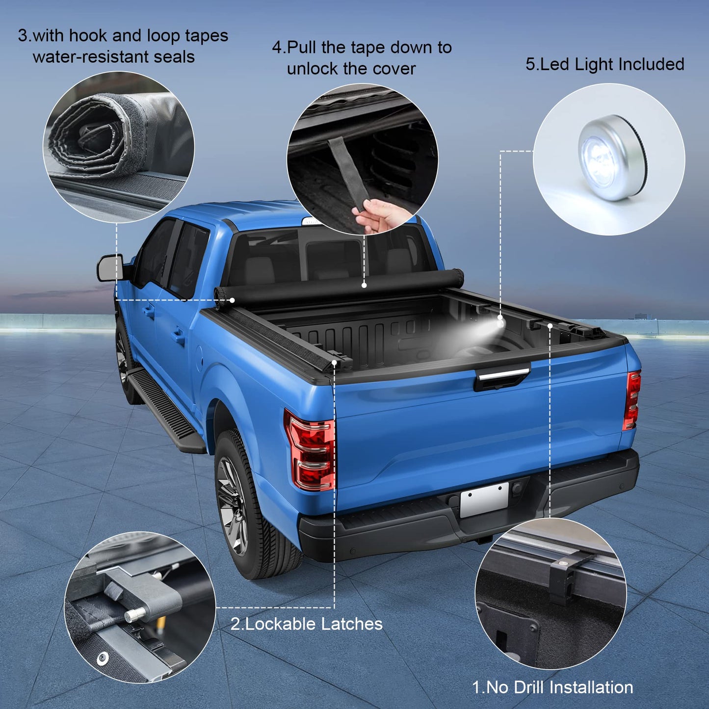 CARMOCAR Pickup Truck Bed Covers Replacement for Toyota Tundra 2007-2021 6.5FT Bed Soft Roll-Up Tonneau Cover Accessories with Led Light