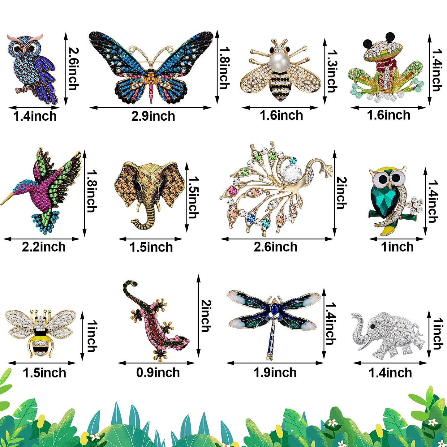 Junkin 12 Pcs Women Brooches Bulk Set Rhinestone Pin Crystal Vintage Brooch Retro Pin Summer Wedding Gifts for Women Girls(Animal)