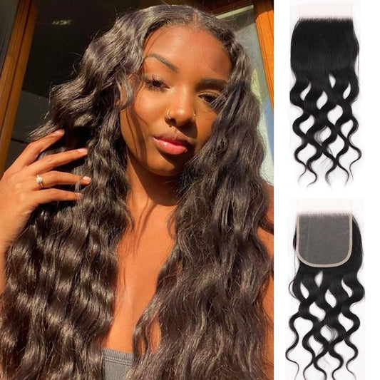 16 Inch 4x4 HD Lace Closure Brazilian Virgin Human Hair Natural Wave Transparent Lace Closure Pre Plucked with Baby Hair Free Part Natural Wave Hair