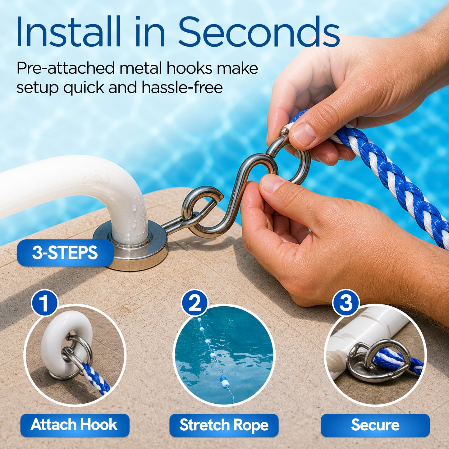 FibroPool Floating Pool Safety Rope - 16 Foot - Adjustable Length Lane Divider With Hooks for Swimming Pools - Equipment to Divide Swim Race Lanes - Buoy Line With 4 Integrated Floats