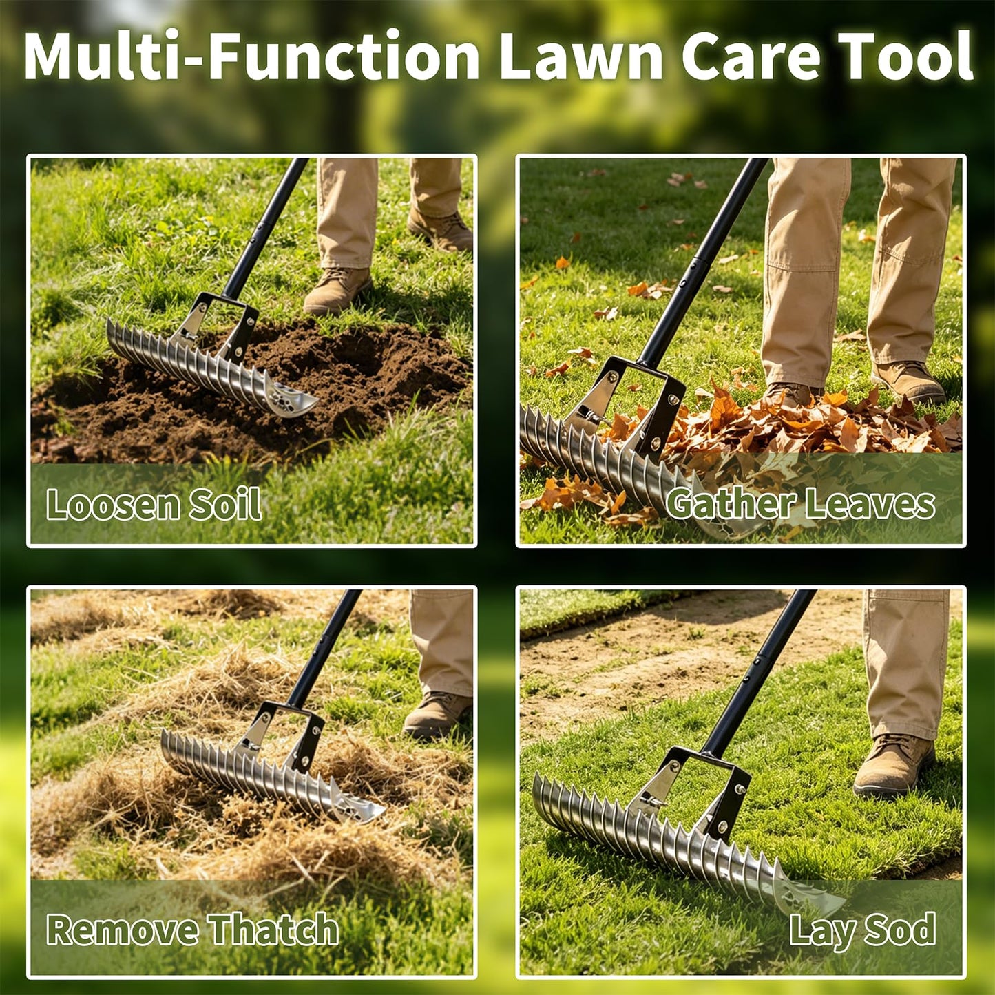 Dethatcher Rake 15-Inch Lawn Thatching Rake,19-Tine Heavy-Duty Steel Dethatching Rake with Adjustable Head&Long Handle,Durable Thatch Rake for Removing Dead Grass,Moss&Lawn Debris